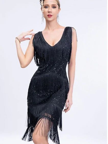 Sheath/Column V-Neck Sleeveless Knee-Length Vintage Dress with Sequins &Tassel Fringe - Image 4