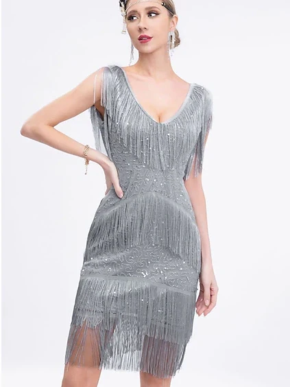 Sheath/Column V-Neck Sleeveless Knee-Length Vintage Dress with Sequins &Tassel Fringe - Image 7