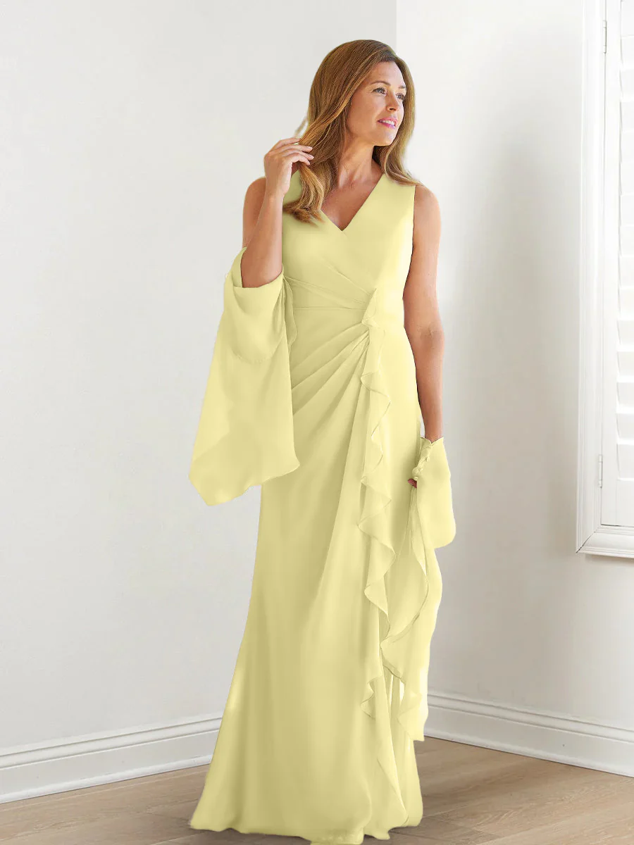 Sheath/Column V-Neck Sleeveless Floor-Length Mother of the Bride Dresses with Wraps & Ruffles - Image 11