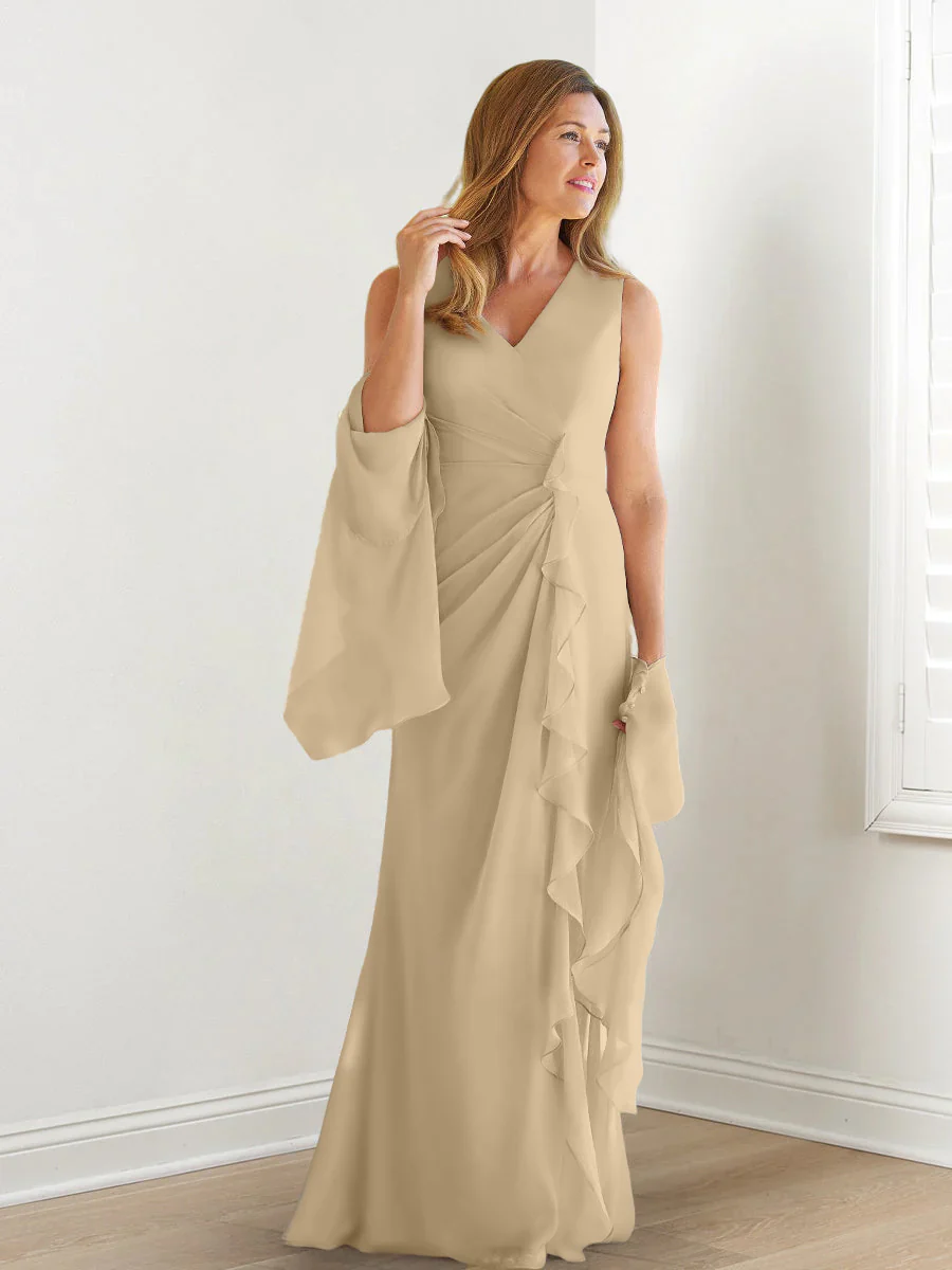 Sheath/Column V-Neck Sleeveless Floor-Length Mother of the Bride Dresses with Wraps & Ruffles - Image 12