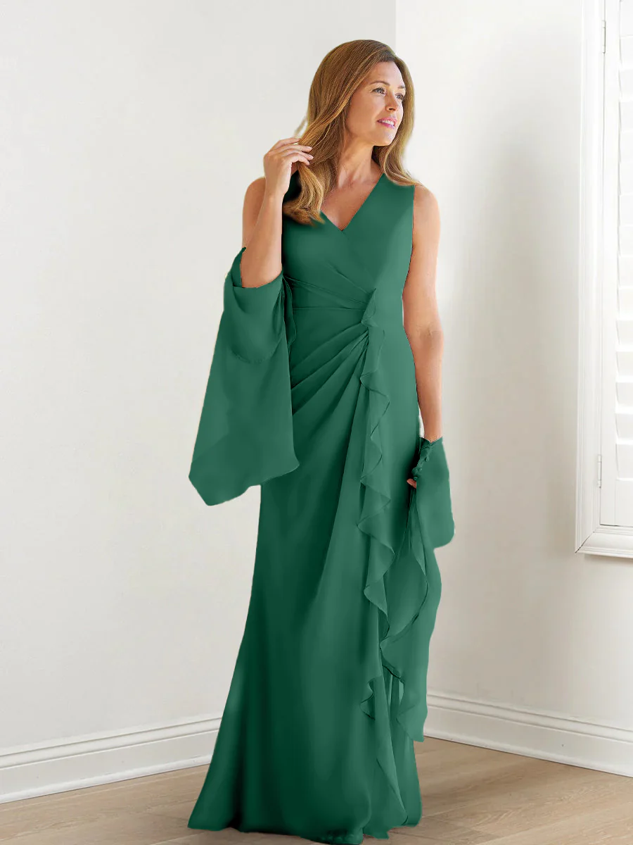 Sheath/Column V-Neck Sleeveless Floor-Length Mother of the Bride Dresses with Wraps & Ruffles - Image 14