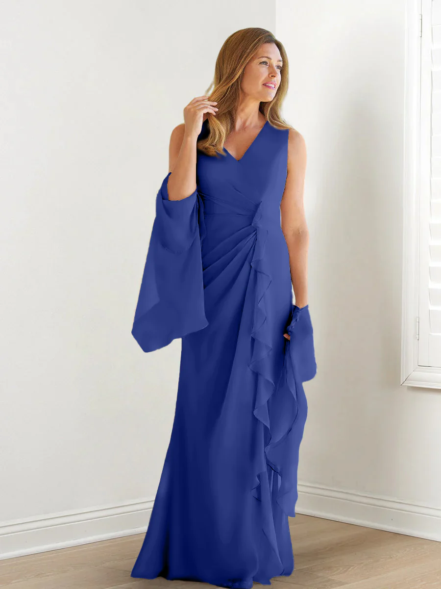 Sheath/Column V-Neck Sleeveless Floor-Length Mother of the Bride Dresses with Wraps & Ruffles - Image 15