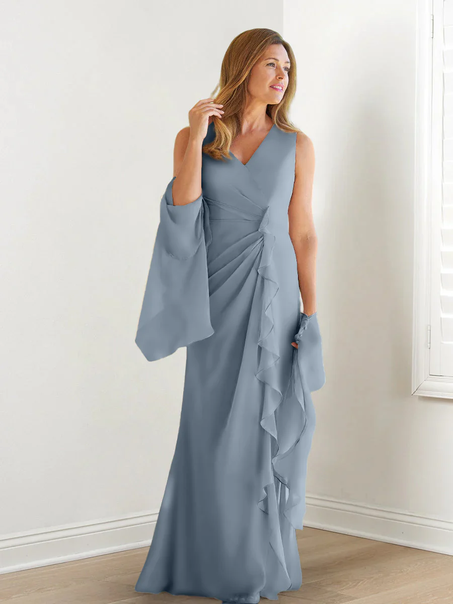 Sheath/Column V-Neck Sleeveless Floor-Length Mother of the Bride Dresses with Wraps & Ruffles - Image 16
