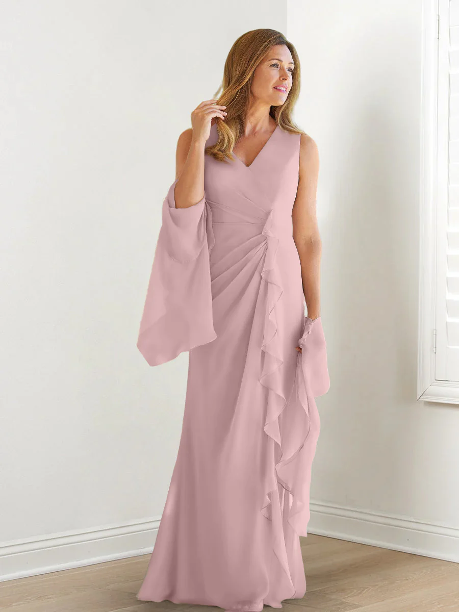 Sheath/Column V-Neck Sleeveless Floor-Length Mother of the Bride Dresses with Wraps & Ruffles - Image 17