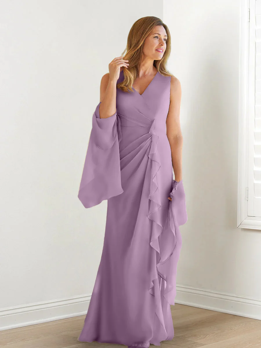 Sheath/Column V-Neck Sleeveless Floor-Length Mother of the Bride Dresses with Wraps & Ruffles - Image 18