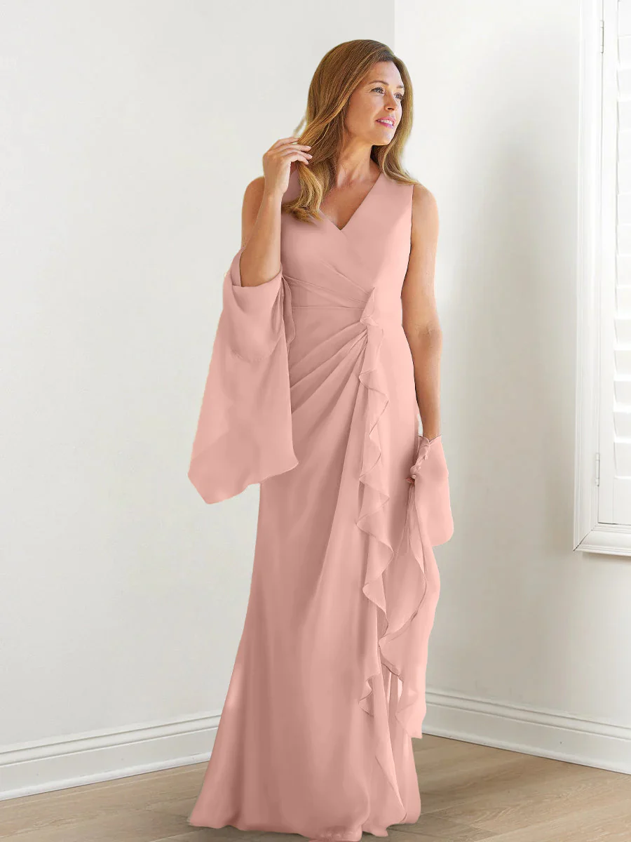 Sheath/Column V-Neck Sleeveless Floor-Length Mother of the Bride Dresses with Wraps & Ruffles - Image 19
