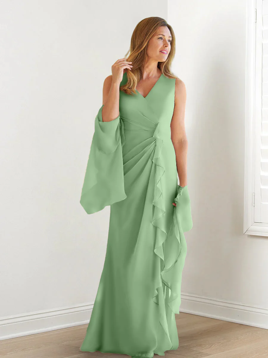 Sheath/Column V-Neck Sleeveless Floor-Length Mother of the Bride Dresses with Wraps & Ruffles - Image 20