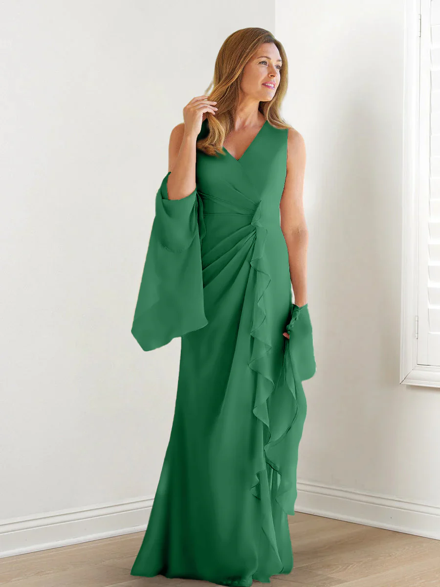 Sheath/Column V-Neck Sleeveless Floor-Length Mother of the Bride Dresses with Wraps & Ruffles - Image 21