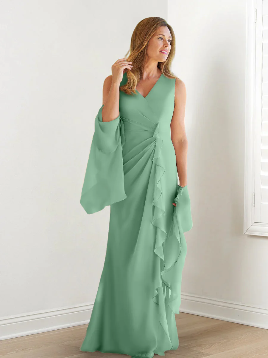 Sheath/Column V-Neck Sleeveless Floor-Length Mother of the Bride Dresses with Wraps & Ruffles - Image 22