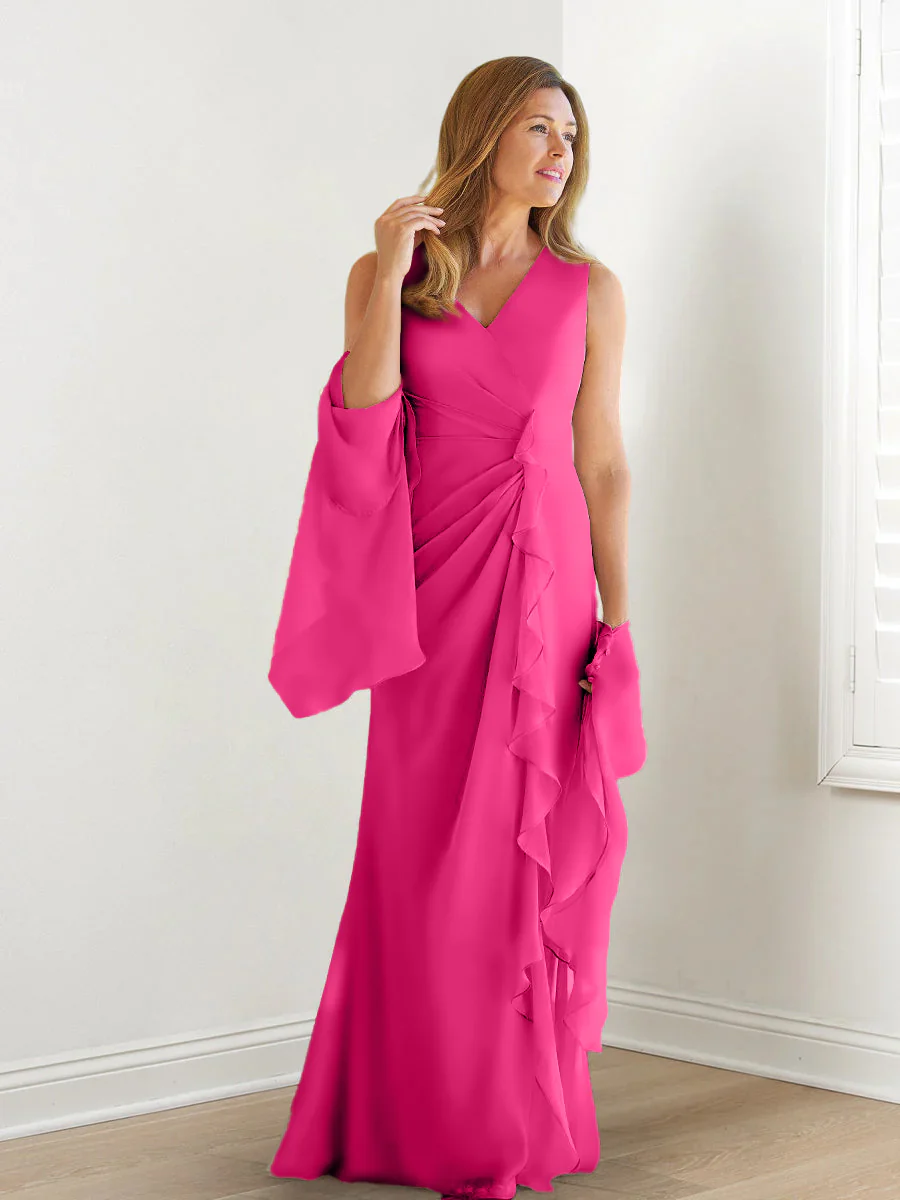 Sheath/Column V-Neck Sleeveless Floor-Length Mother of the Bride Dresses with Wraps & Ruffles - Image 23