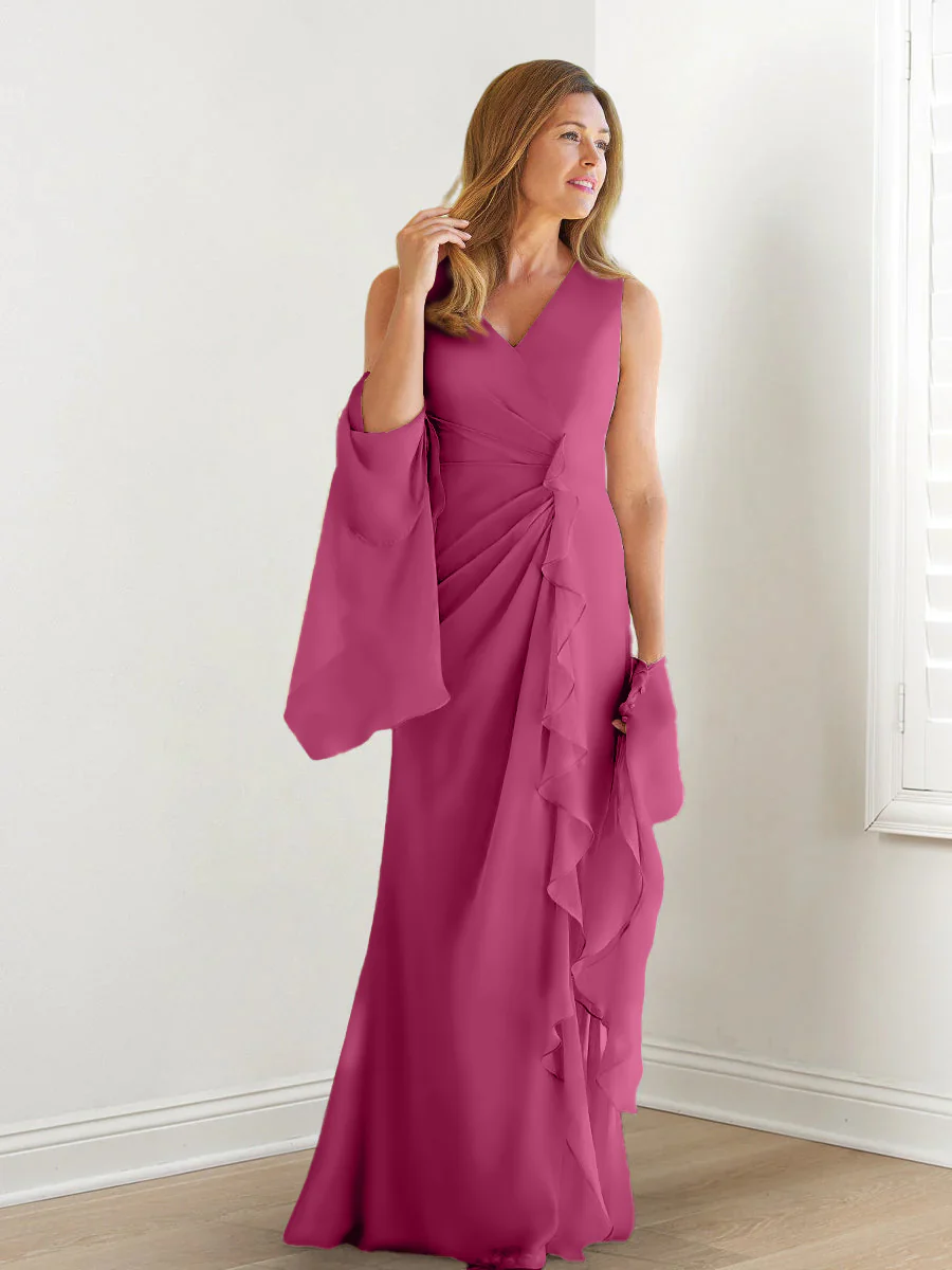Sheath/Column V-Neck Sleeveless Floor-Length Mother of the Bride Dresses with Wraps & Ruffles - Image 24