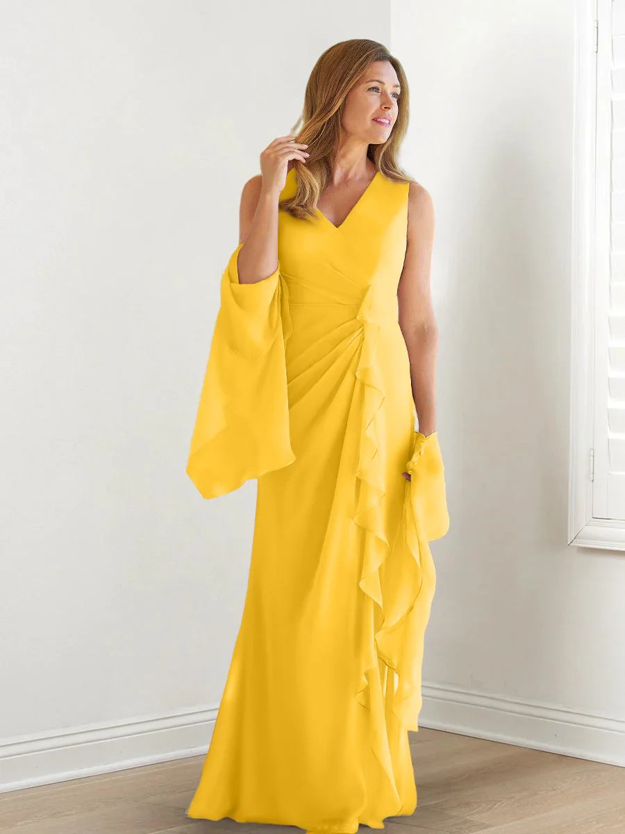 Sheath/Column V-Neck Sleeveless Floor-Length Mother of the Bride Dresses with Wraps & Ruffles - Image 25