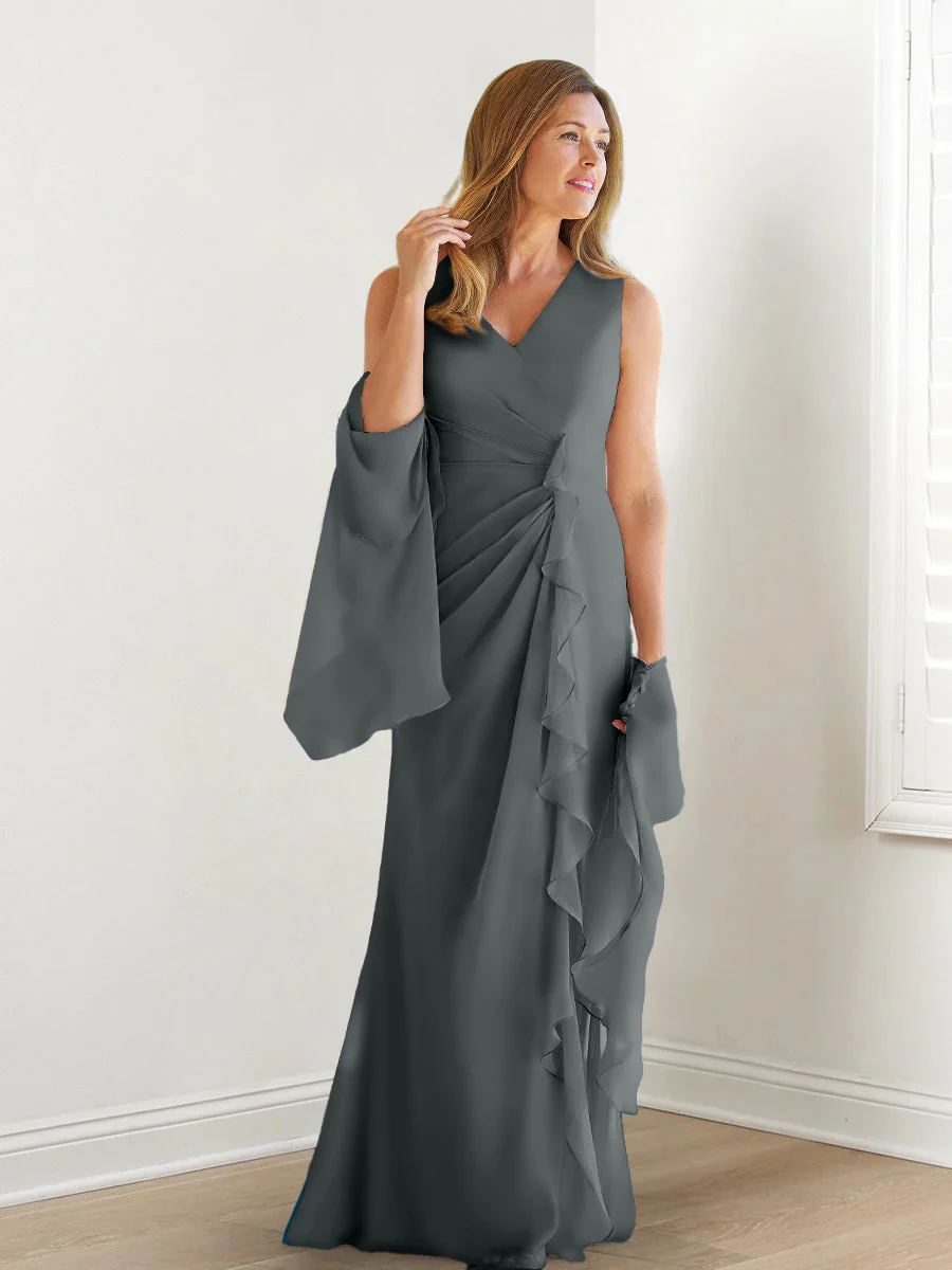 Sheath/Column V-Neck Sleeveless Floor-Length Mother of the Bride Dresses with Wraps & Ruffles - Image 27