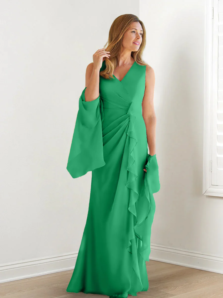 Sheath/Column V-Neck Sleeveless Floor-Length Mother of the Bride Dresses with Wraps & Ruffles - Image 28