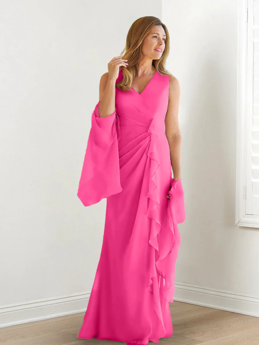 Sheath/Column V-Neck Sleeveless Floor-Length Mother of the Bride Dresses with Wraps & Ruffles - Image 29