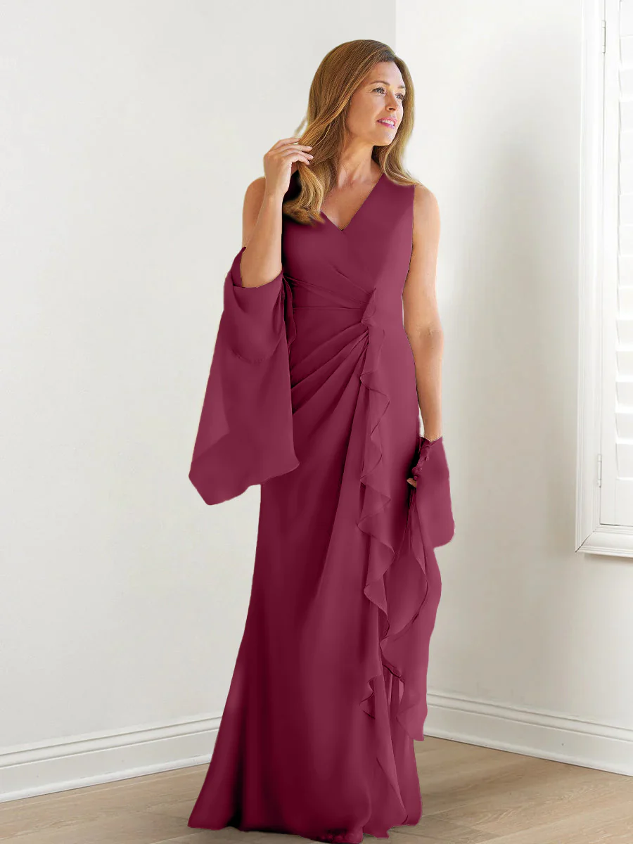 Sheath/Column V-Neck Sleeveless Floor-Length Mother of the Bride Dresses with Wraps & Ruffles - Image 33