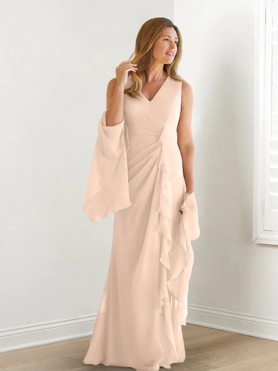 Sheath/Column V-Neck Sleeveless Floor-Length Mother of the Bride Dresses with Wraps & Ruffles - Image 34