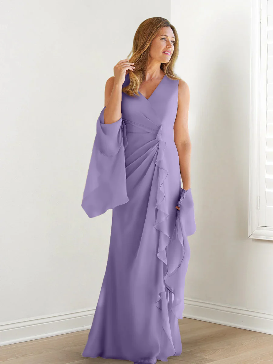 Sheath/Column V-Neck Sleeveless Floor-Length Mother of the Bride Dresses with Wraps & Ruffles - Image 36