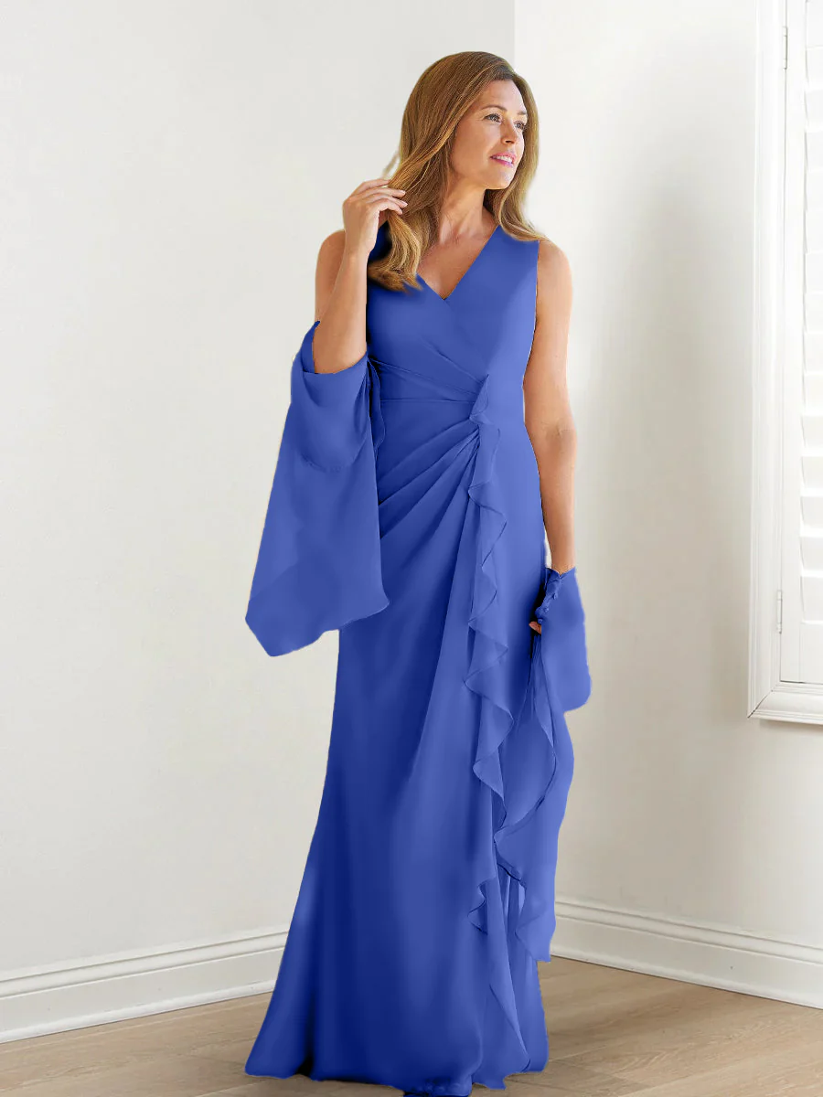 Sheath/Column V-Neck Sleeveless Floor-Length Mother of the Bride Dresses with Wraps & Ruffles - Image 37