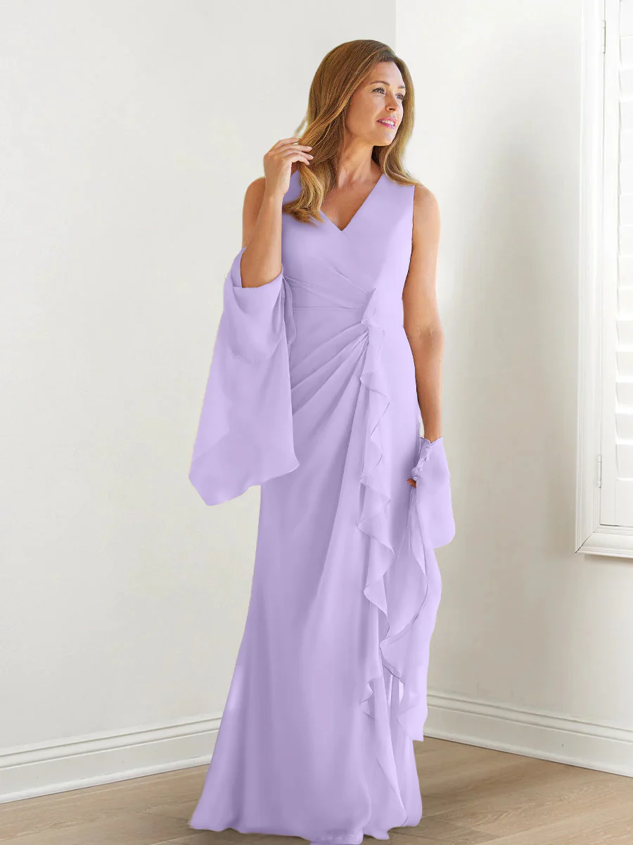Sheath/Column V-Neck Sleeveless Floor-Length Mother of the Bride Dresses with Wraps & Ruffles - Image 39