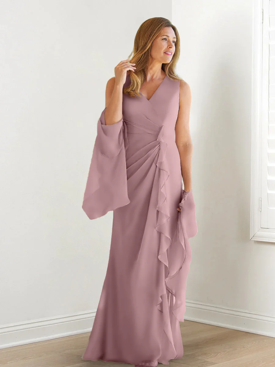Sheath/Column V-Neck Sleeveless Floor-Length Mother of the Bride Dresses with Wraps & Ruffles - Image 40