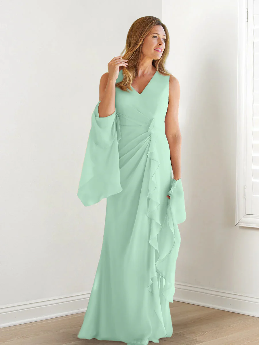Sheath/Column V-Neck Sleeveless Floor-Length Mother of the Bride Dresses with Wraps & Ruffles - Image 41
