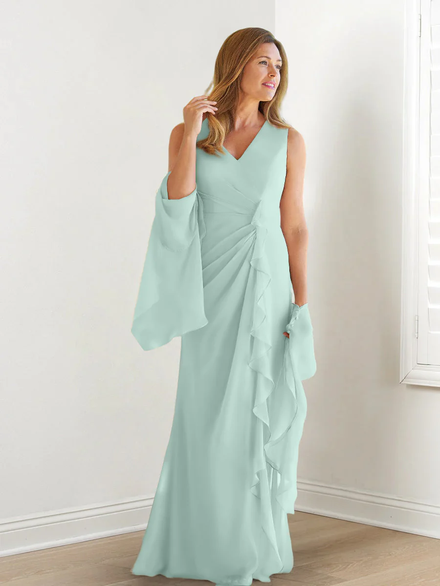 Sheath/Column V-Neck Sleeveless Floor-Length Mother of the Bride Dresses with Wraps & Ruffles - Image 42