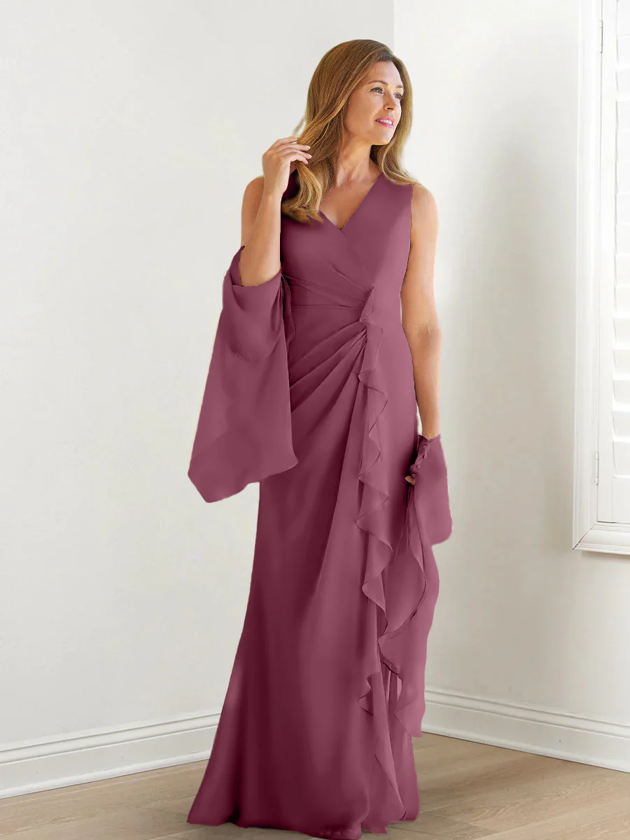 Sheath/Column V-Neck Sleeveless Floor-Length Mother of the Bride Dresses with Wraps & Ruffles - Image 43