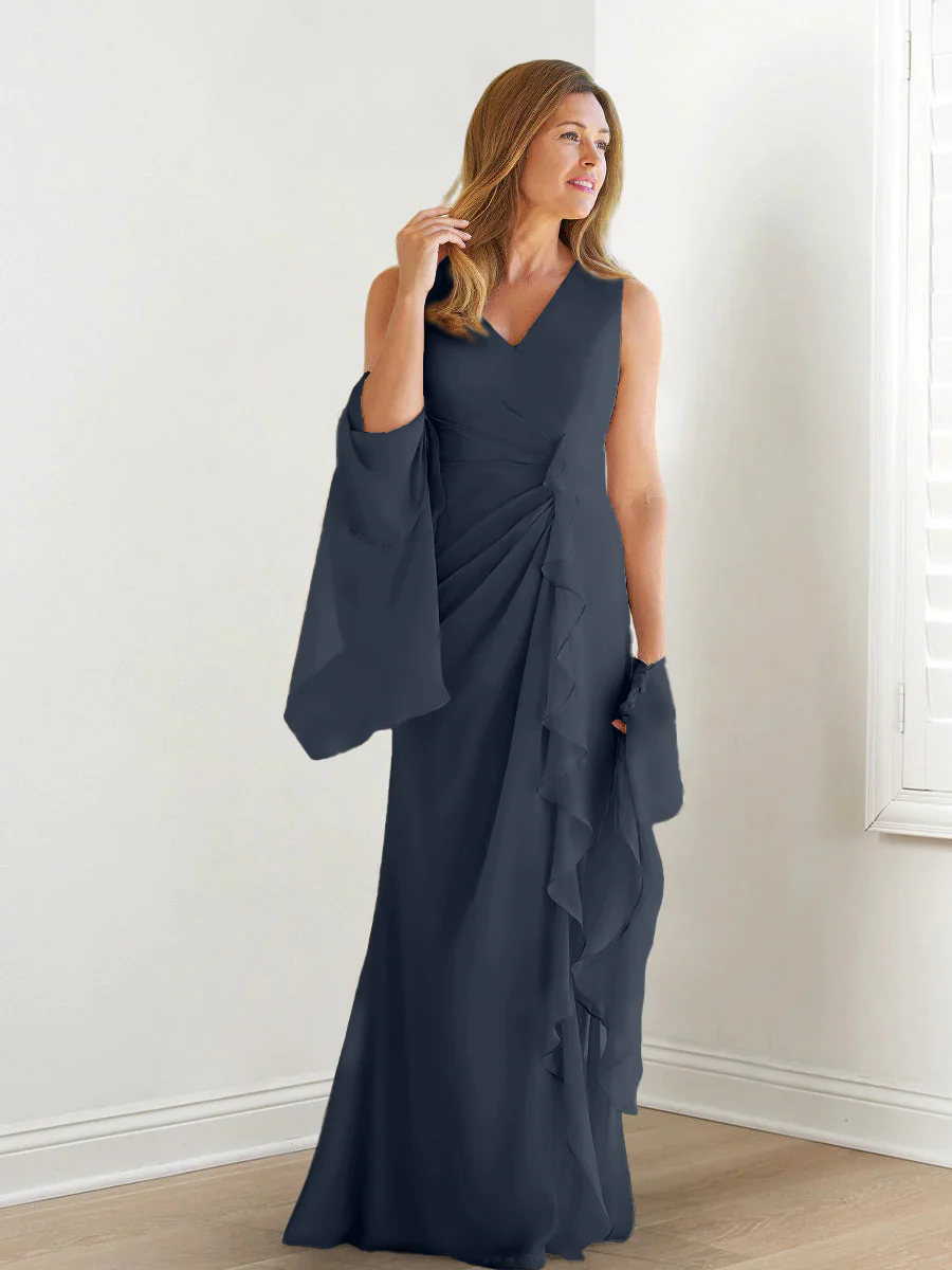 Sheath/Column V-Neck Sleeveless Floor-Length Mother of the Bride Dresses with Wraps & Ruffles - Image 45