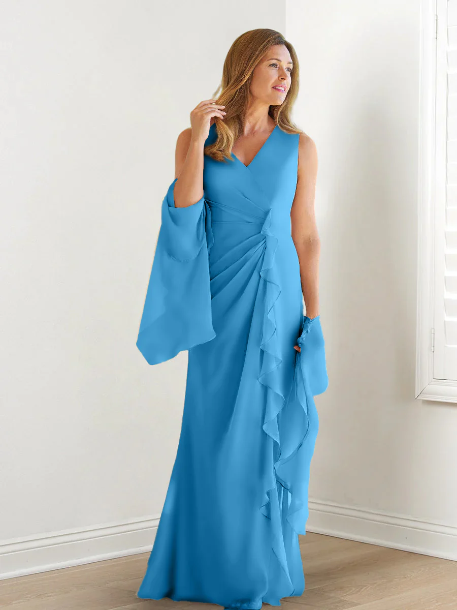 Sheath/Column V-Neck Sleeveless Floor-Length Mother of the Bride Dresses with Wraps & Ruffles - Image 46