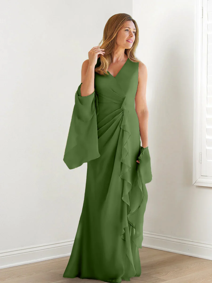Sheath/Column V-Neck Sleeveless Floor-Length Mother of the Bride Dresses with Wraps & Ruffles - Image 48