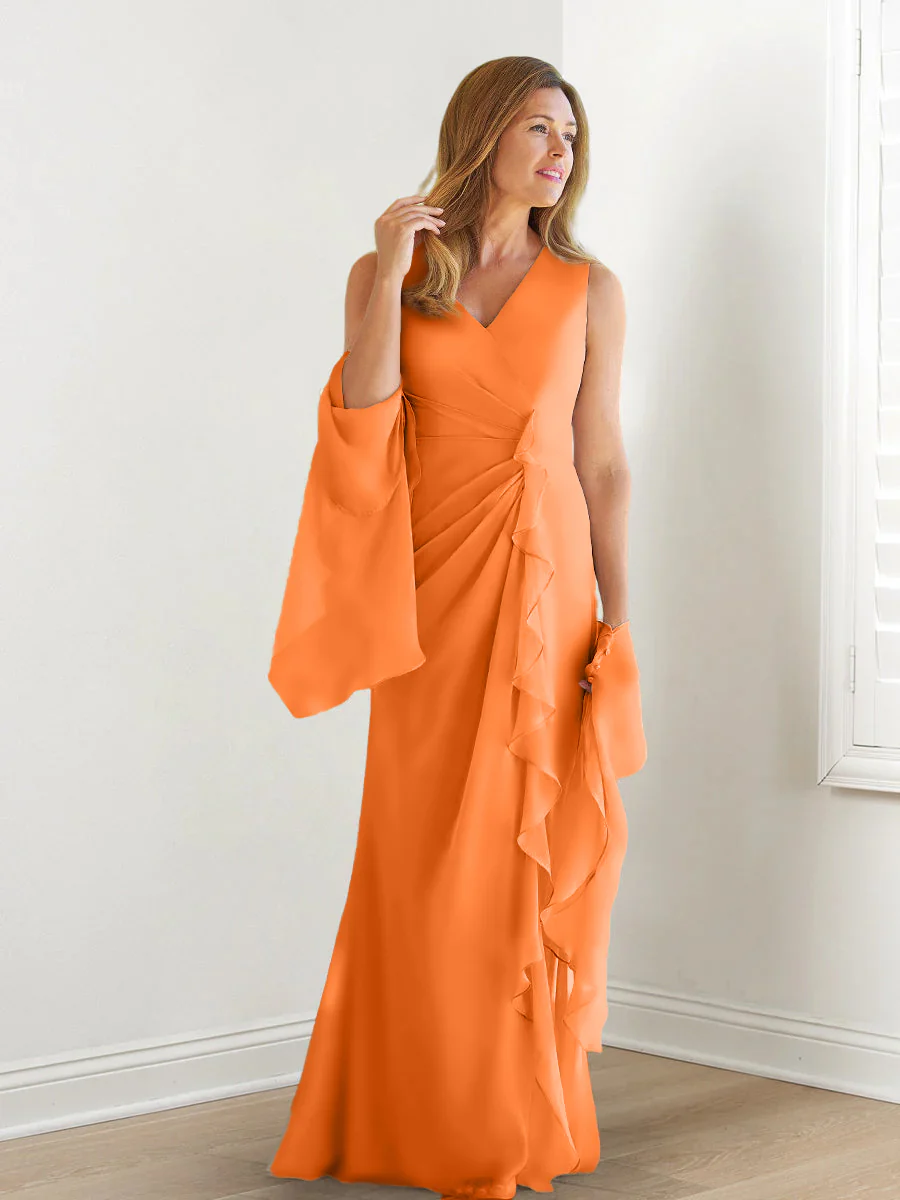 Sheath/Column V-Neck Sleeveless Floor-Length Mother of the Bride Dresses with Wraps & Ruffles - Image 49