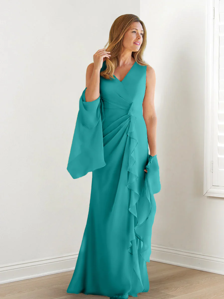 Sheath/Column V-Neck Sleeveless Floor-Length Mother of the Bride Dresses with Wraps & Ruffles - Image 5