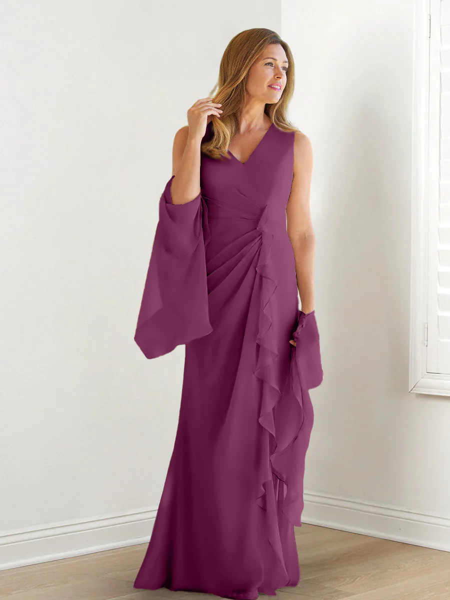 Sheath/Column V-Neck Sleeveless Floor-Length Mother of the Bride Dresses with Wraps & Ruffles - Image 50