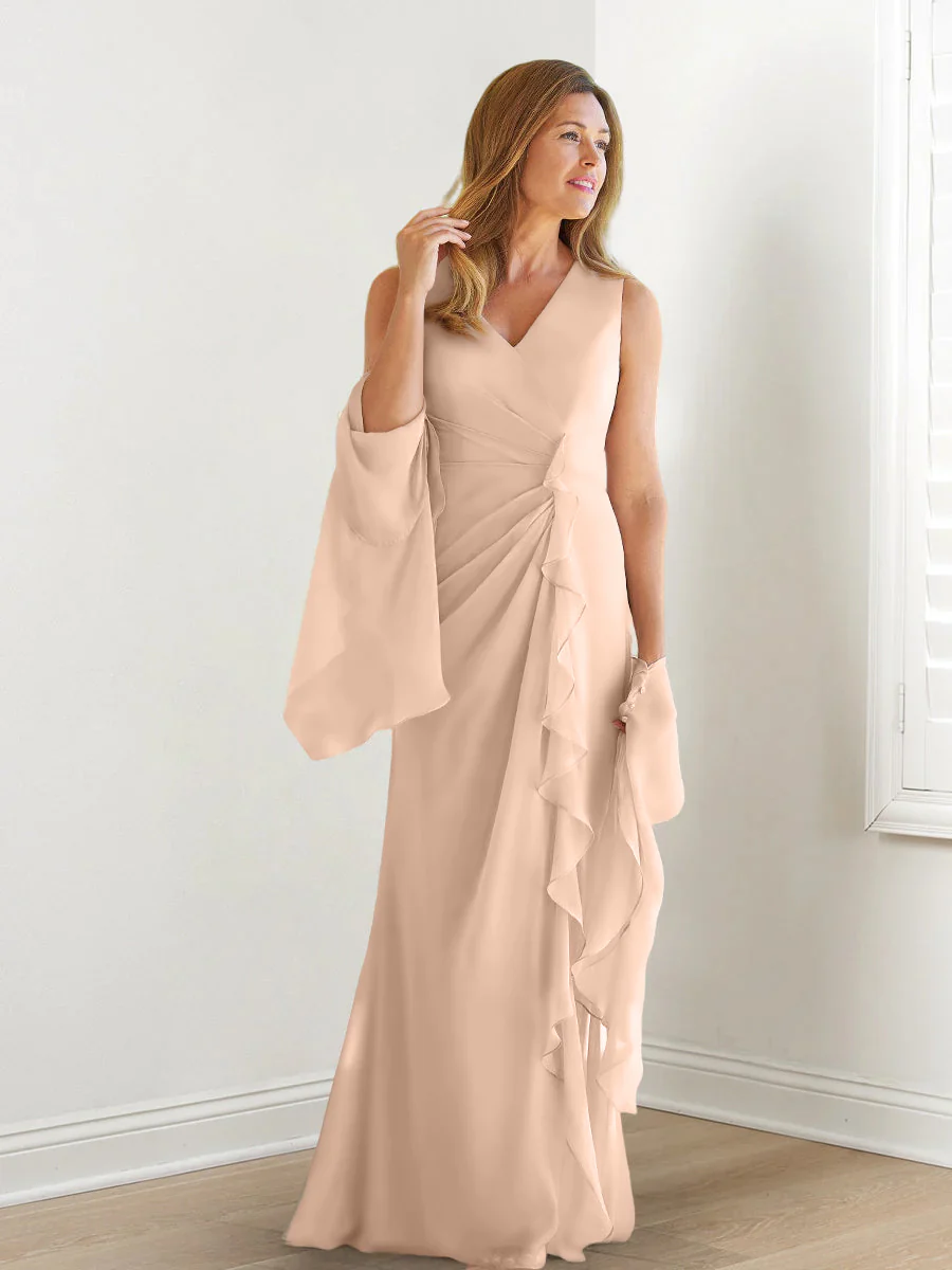 Sheath/Column V-Neck Sleeveless Floor-Length Mother of the Bride Dresses with Wraps & Ruffles - Image 51