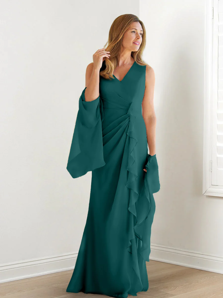 Sheath/Column V-Neck Sleeveless Floor-Length Mother of the Bride Dresses with Wraps & Ruffles - Image 52