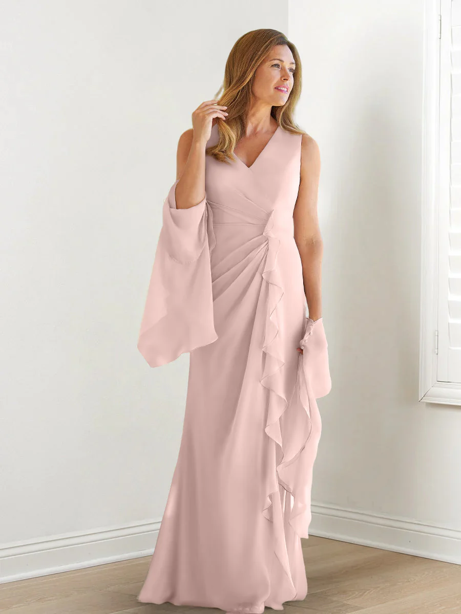 Sheath/Column V-Neck Sleeveless Floor-Length Mother of the Bride Dresses with Wraps & Ruffles - Image 53