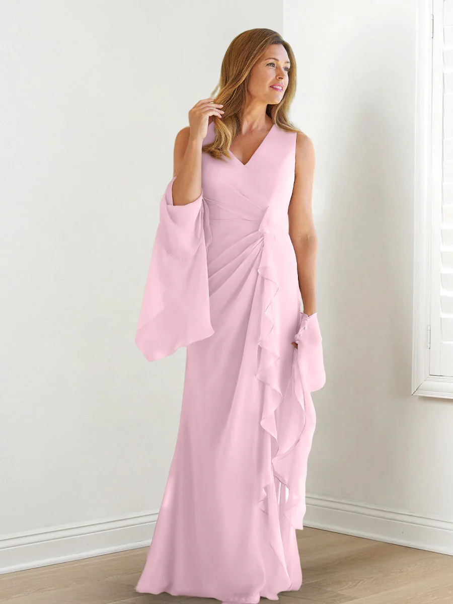 Sheath/Column V-Neck Sleeveless Floor-Length Mother of the Bride Dresses with Wraps & Ruffles - Image 54