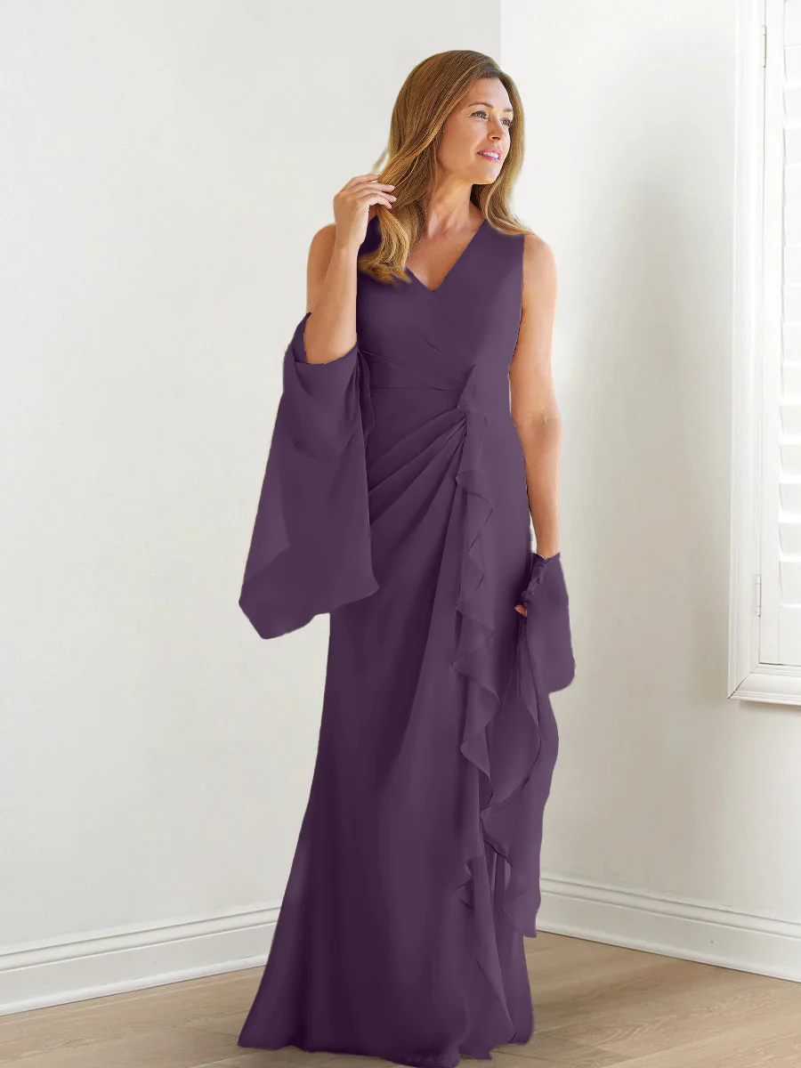 Sheath/Column V-Neck Sleeveless Floor-Length Mother of the Bride Dresses with Wraps & Ruffles - Image 55