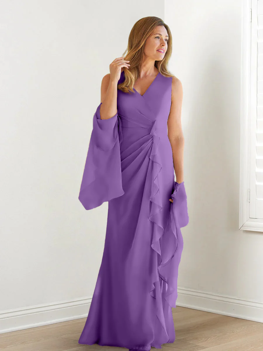 Sheath/Column V-Neck Sleeveless Floor-Length Mother of the Bride Dresses with Wraps & Ruffles - Image 56