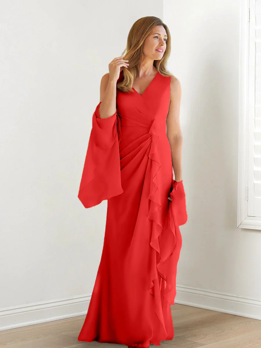 Sheath/Column V-Neck Sleeveless Floor-Length Mother of the Bride Dresses with Wraps & Ruffles - Image 57