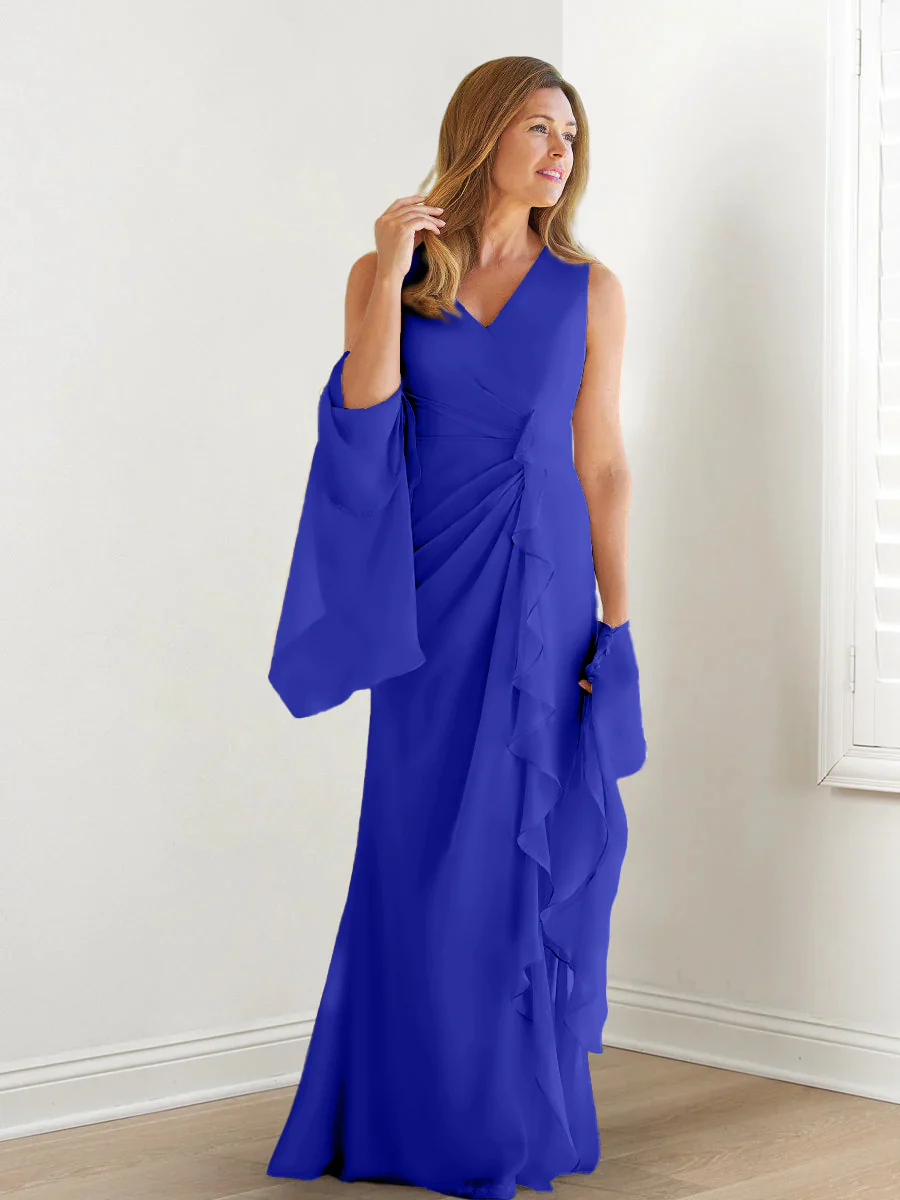 Sheath/Column V-Neck Sleeveless Floor-Length Mother of the Bride Dresses with Wraps & Ruffles - Image 58