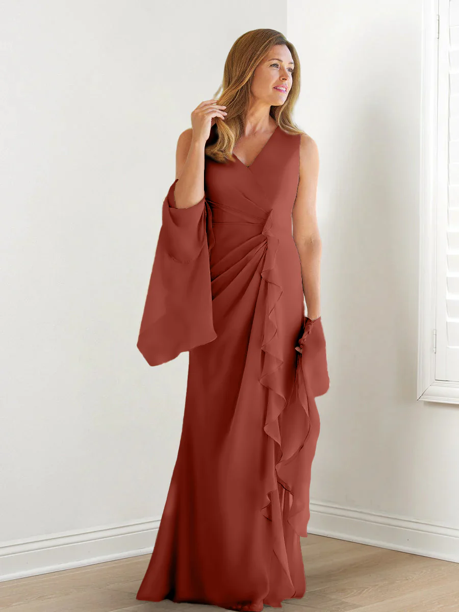 Sheath/Column V-Neck Sleeveless Floor-Length Mother of the Bride Dresses with Wraps & Ruffles - Image 59