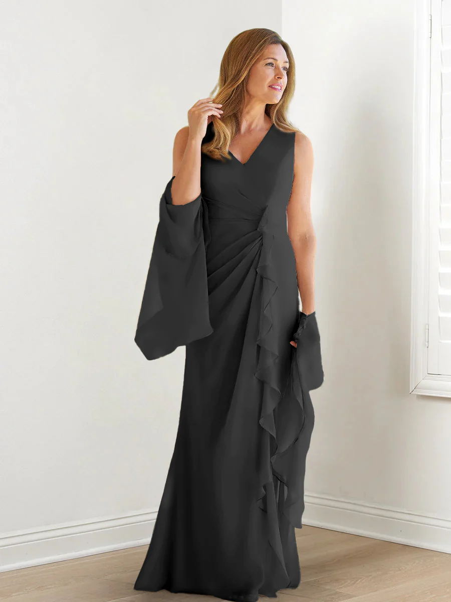 Sheath/Column V-Neck Sleeveless Floor-Length Mother of the Bride Dresses with Wraps & Ruffles - Image 6