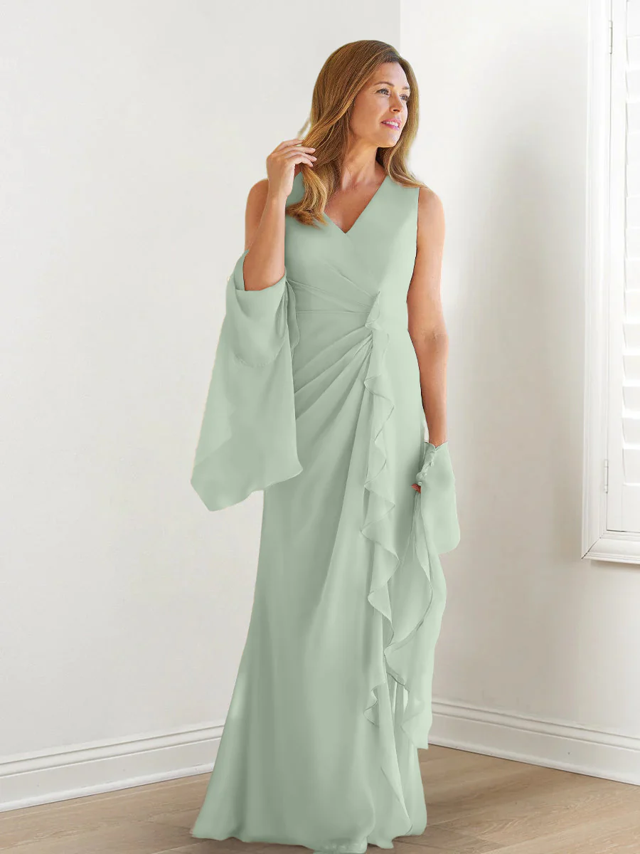 Sheath/Column V-Neck Sleeveless Floor-Length Mother of the Bride Dresses with Wraps & Ruffles - Image 60