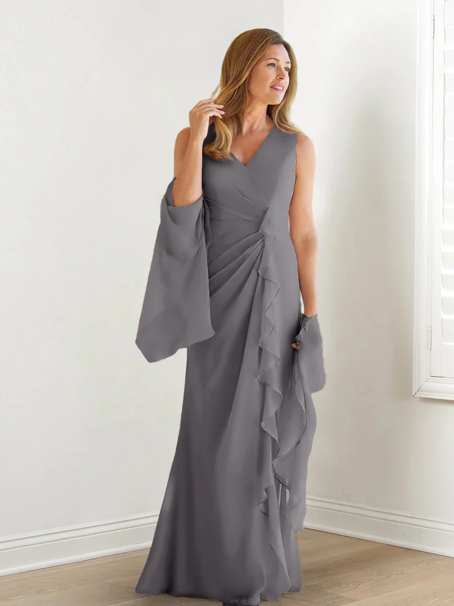 Sheath/Column V-Neck Sleeveless Floor-Length Mother of the Bride Dresses with Wraps & Ruffles - Image 62