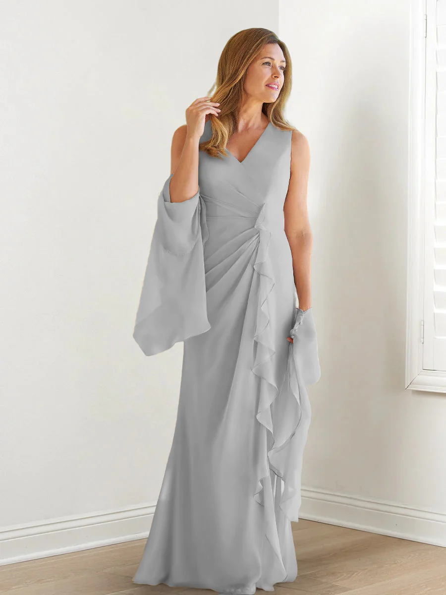 Sheath/Column V-Neck Sleeveless Floor-Length Mother of the Bride Dresses with Wraps & Ruffles - Image 63