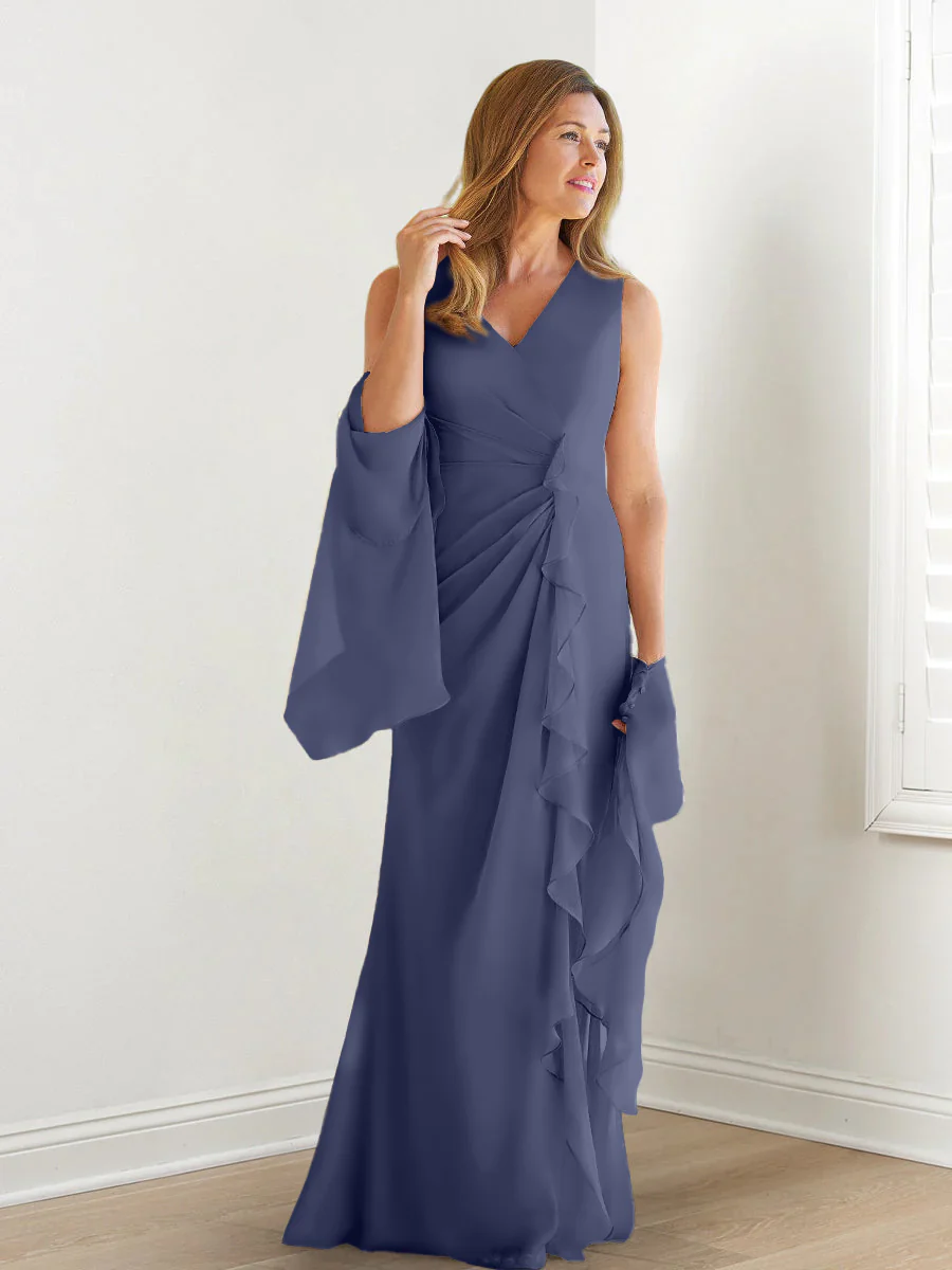 Sheath/Column V-Neck Sleeveless Floor-Length Mother of the Bride Dresses with Wraps & Ruffles - Image 67