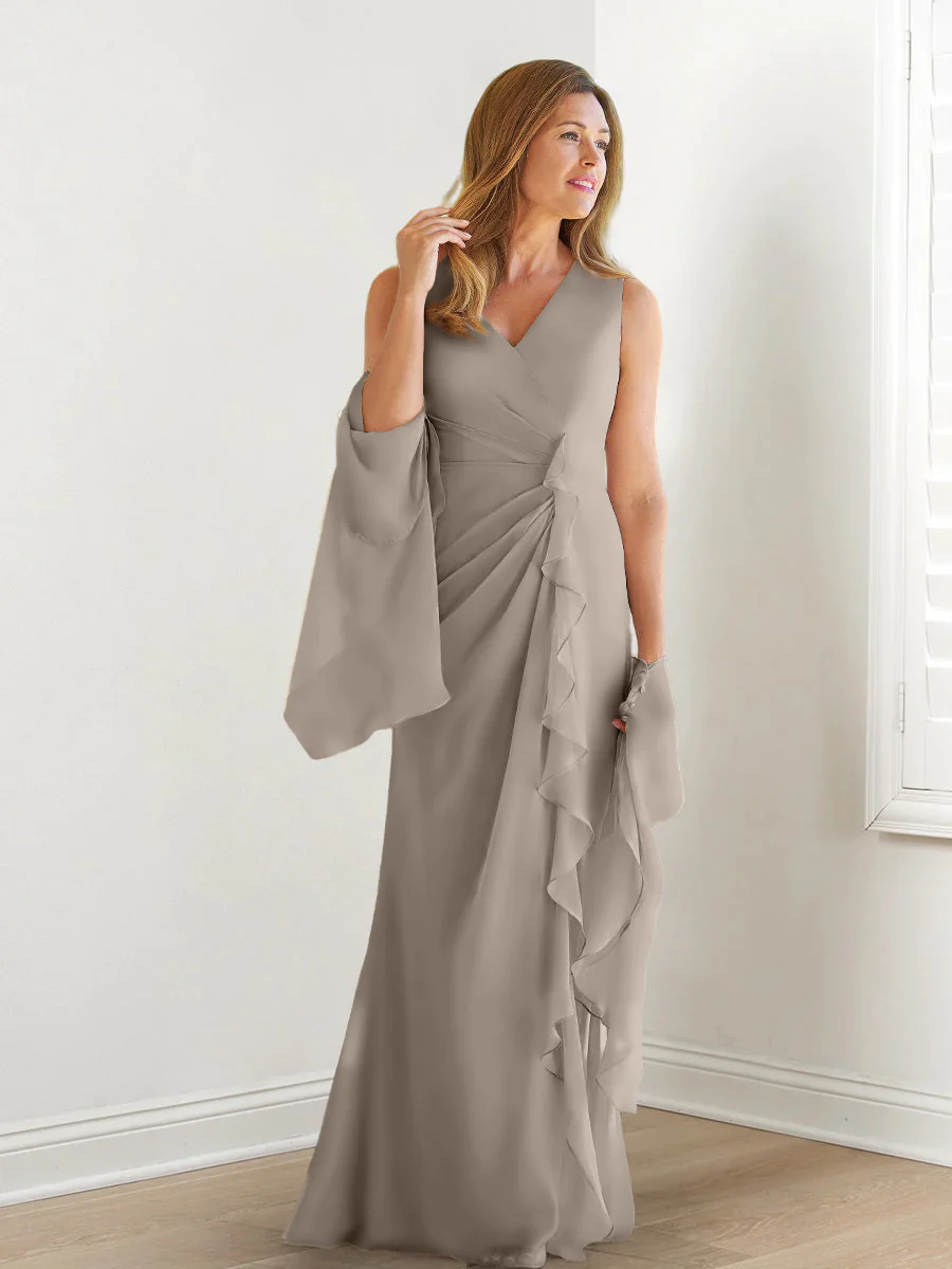 Sheath/Column V-Neck Sleeveless Floor-Length Mother of the Bride Dresses with Wraps & Ruffles - Image 68
