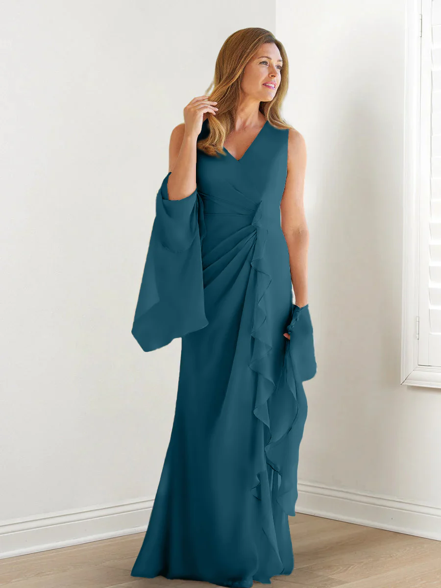 Sheath/Column V-Neck Sleeveless Floor-Length Mother of the Bride Dresses with Wraps & Ruffles - Image 69